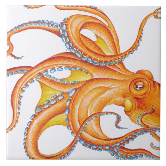 Oranje Rode Kraken Octopus Ink Art Dance Tegeltje (Voorkant)