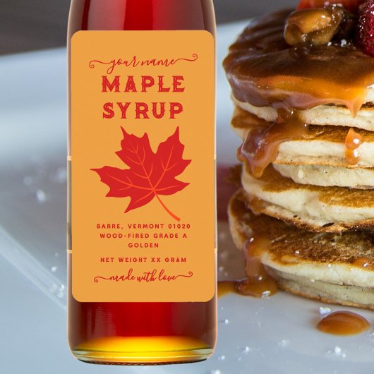 Oranje & Rode Maple Leaf Maple Syrup Verticaal Lab Etiket