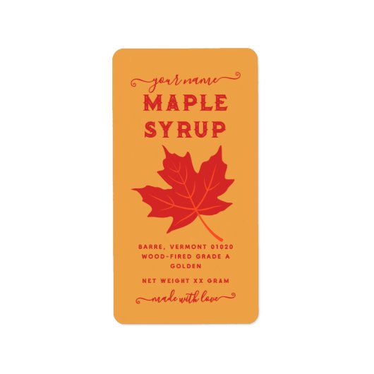 Oranje & Rode Maple Leaf Maple Syrup Verticaal Lab Etiket (Voorkant)