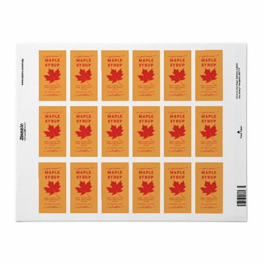 Oranje & Rode Maple Leaf Maple Syrup Verticaal Lab Etiket (Full Sheet)