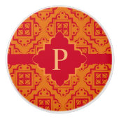 Oranje Rode Monogram Arabesque Marokkaans Grafisch Keramische Knop (Voorkant)