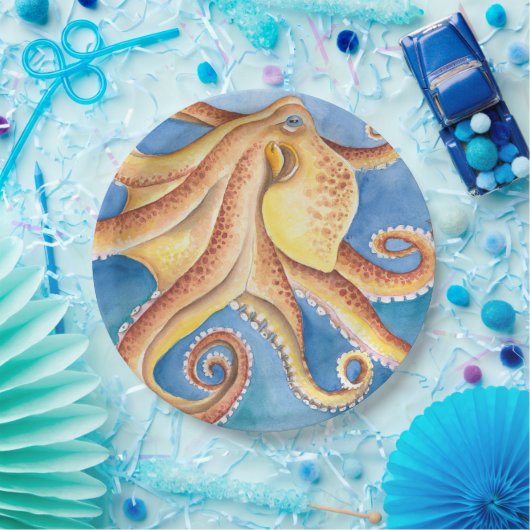 Oranje rode octopus Waterverf Ink Papieren Bordje (Feest)