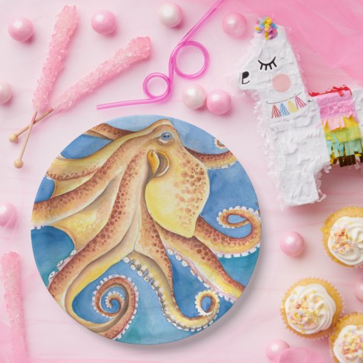 Oranje rode octopus Waterverf Ink Papieren Bordje (Feest)