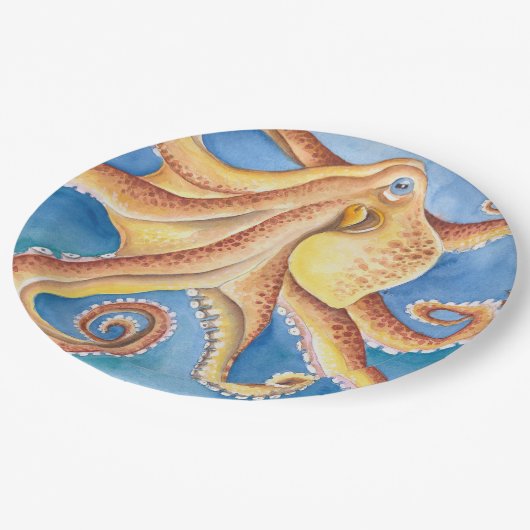 Oranje rode octopus Waterverf Ink Papieren Bordje (Gekanteld)