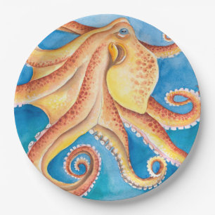 Oranje rode octopus Waterverf Ink Papieren Bordje