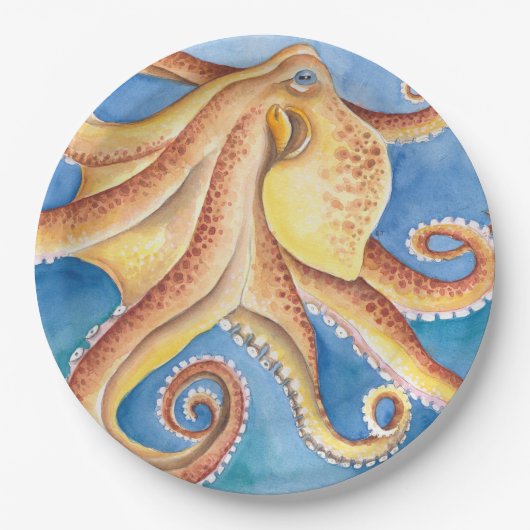 Oranje rode octopus Waterverf Ink Papieren Bordje (Voorkant)