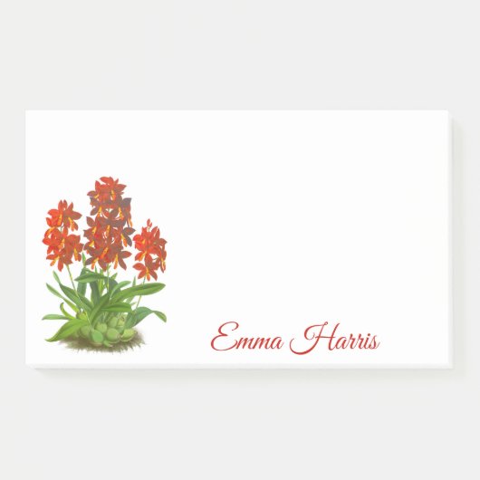 Oranje rode orchidee bloem na het opschrift post-it® notes (Voorkant)