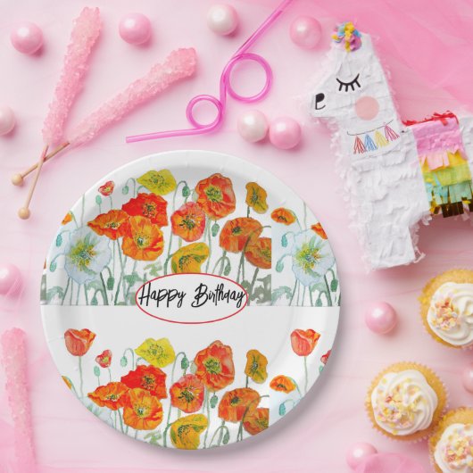 Oranje rode papaver Waterverf verjaardag Papieren Bordje (Feest)