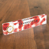 Oranje rode papaverbloemen op gepersonaliseerd wit naambordje (Zijkant)