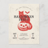 Oranje Rode Pompoen Kat Halloween Party Briefkaart (Voorkant)