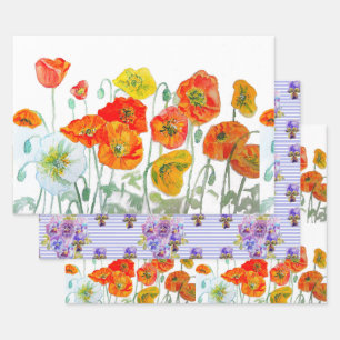 Oranje Rode Poppy Flower Pansy Paarse Waterverf Inpakpapier Vel