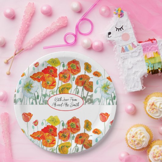 Oranje Rode Poppy Flower Pattern Waterverf bruilof Papieren Bordje (Feest)