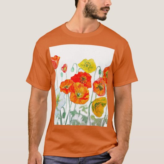 Oranje Rode Poppy Flower Pattern Waterverf bruilof T-shirt (Voorkant)