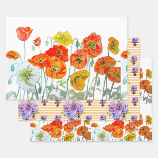 Oranje Rode Poppy Flower Pattern Waterverf Inpakpapier Vel (Set)