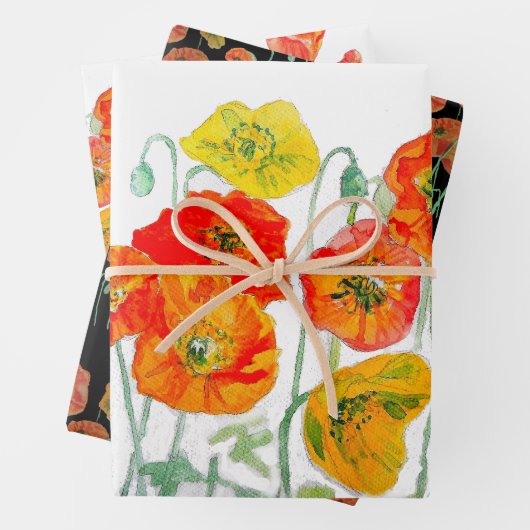 Oranje Rode Poppy Flower Pattern Waterverf Inpakpapier Vel (In situ)