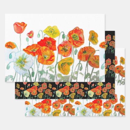 Oranje Rode Poppy Flower Pattern Waterverf Inpakpapier Vel (Set)