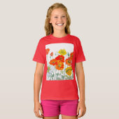Oranje Rode Poppy Flower Pattern Waterverf T-shirt (Voorkant volledig)