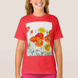 Oranje Rode Poppy Flower Pattern Waterverf T-shirt