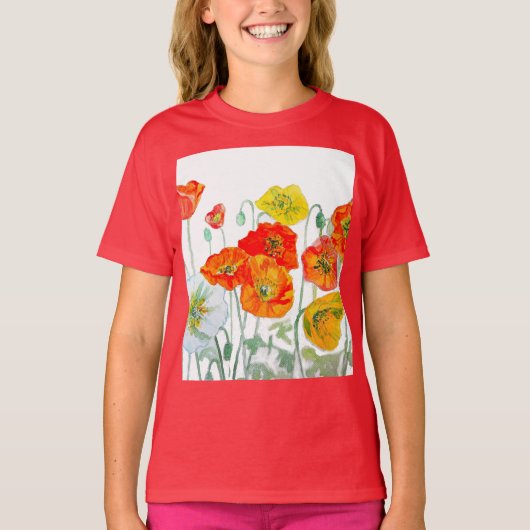 Oranje Rode Poppy Flower Pattern Waterverf T-shirt (Voorkant)