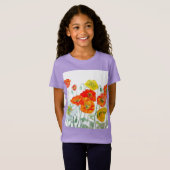 Oranje Rode Poppy Flower Pattern Waterverf T-shirt (Voorkant volledig)