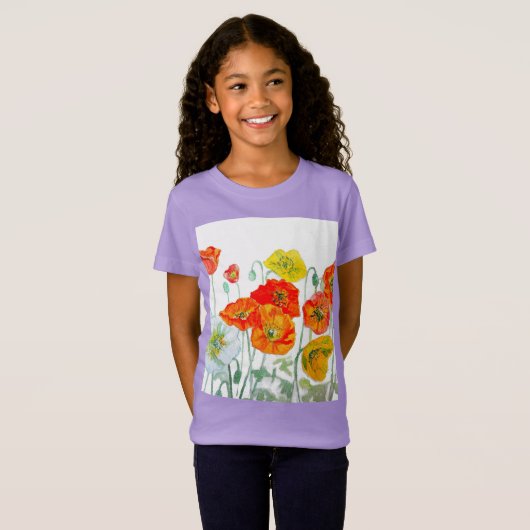 Oranje Rode Poppy Flower Pattern Waterverf T-shirt (Voorkant volledig)