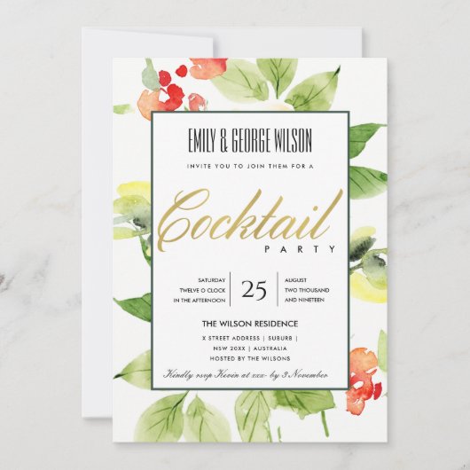 ORANJE RODE ROOS WATERVERF FLORALE COCKTAILPARTY KAART (Voorkant)