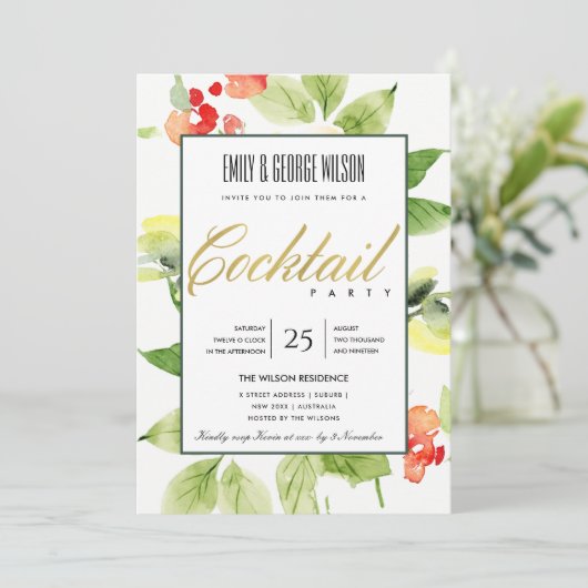 ORANJE RODE ROOS WATERVERF FLORALE COCKTAILPARTY KAART (Staand voorkant)