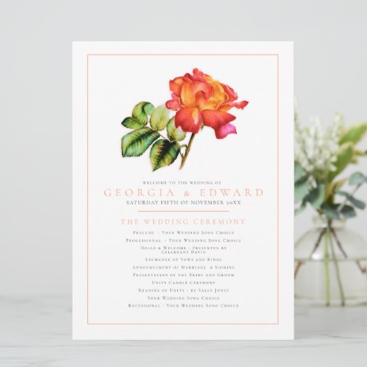 Oranje rode streep roos waterverf bruiloft program programmakaart (Staand voorkant)