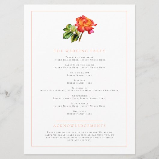 Oranje rode streep roos waterverf bruiloft program programmakaart (Achterkant)