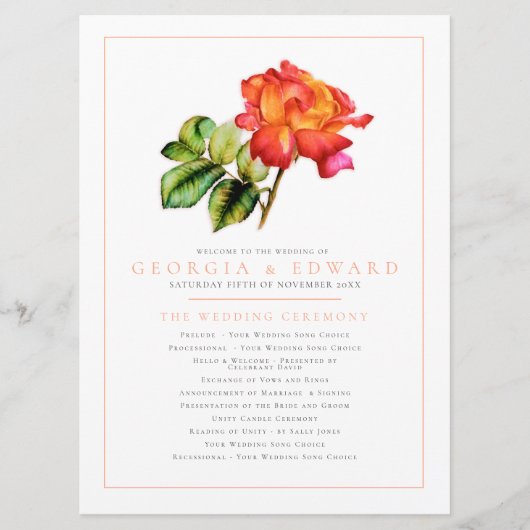 Oranje rode streep roos waterverf bruiloft program programmakaart (Voorkant)