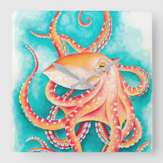 Oranje rode tentacles Octopus Waterverf Vierkante Klok (Voorkant)