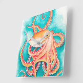 Oranje rode tentacles Octopus Waterverf Vierkante Klok (Hoek)