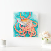 Oranje rode tentacles Octopus Waterverf Vierkante Klok (Huis)