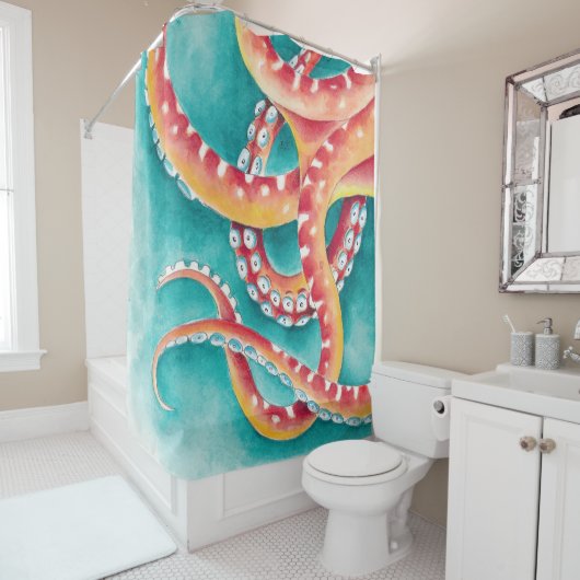 Oranje rode tentakels douchegordijn (In situ)