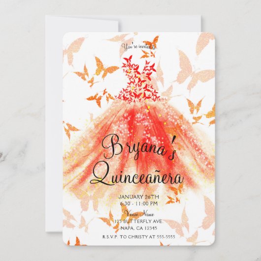 Oranje rode vlinder Dress Quinceañera Kaart (Voorkant)
