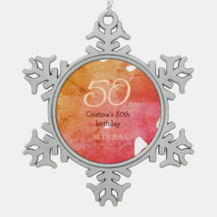 Oranje rood 50 verjaardagsverjaardag Naam toevoege Tin Sneeuwvlok Ornament