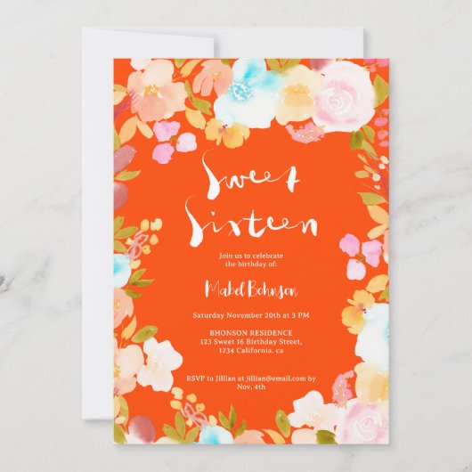 Oranje rood boho floral waterverf script Sweet 16 Kaart (Voorkant)