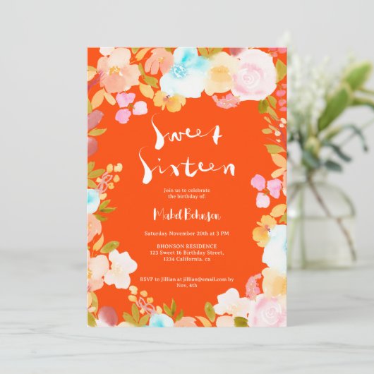 Oranje rood boho floral waterverf script Sweet 16 Kaart (Staand voorkant)