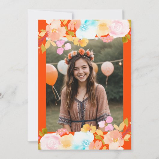Oranje rood boho floral waterverf script Sweet 16 Kaart (Achterkant)