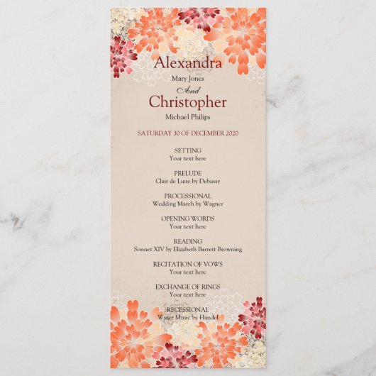 Oranje Rood- en Cream Flowers Retro Wedding Progra Programmakaart (Voorkant)