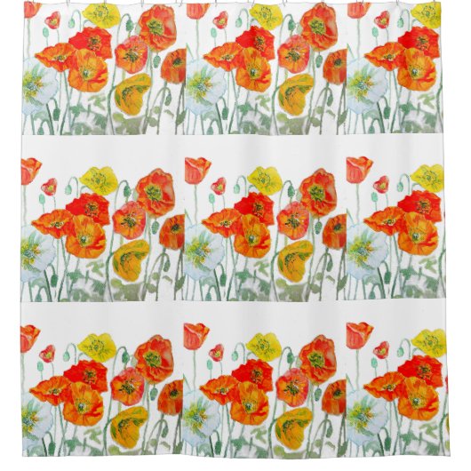 Oranje Rood Geel Poppy Waterverf Poppies Art Douchegordijn (Voorkant)