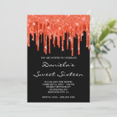 Oranje Rood Glitter Folie Druppel Zwart Sweet Sixt Kaart (Staand voorkant)