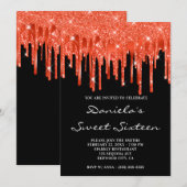 Oranje Rood Glitter Folie Druppel Zwart Sweet Sixt Kaart (Voorkant / Achterkant)