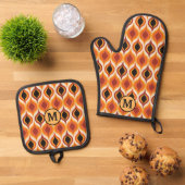 Oranje rood goud Abstract vlampatroon Monogram Ovenwant & Pannenlap Set (Top down)