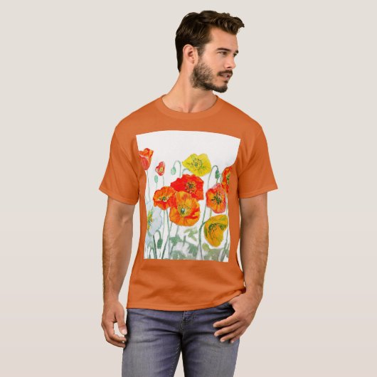 Oranje Rood Klaproos Bloem Motief Waterverf Trouwf T-shirt (Voorkant volledig)