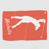 Oranje rood met "golfer Michelle" Golfhanddoek (Horizontaal)