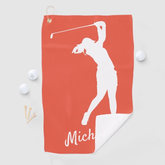 Oranje rood met "golfer Michelle" Golfhanddoek (Insitu)