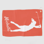 Oranje rood met "golfer Michelle" Golfhanddoek (Horizontaal)
