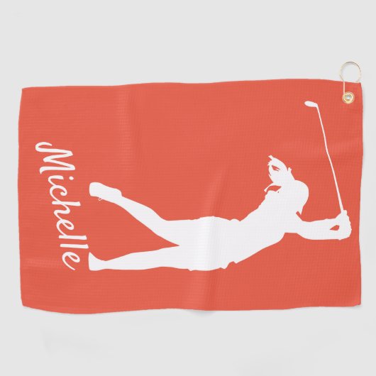 Oranje rood met "golfer Michelle" Golfhanddoek (Horizontaal)