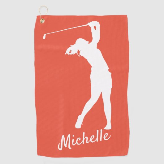 Oranje rood met "golfer Michelle" Golfhanddoek (Voorkant)